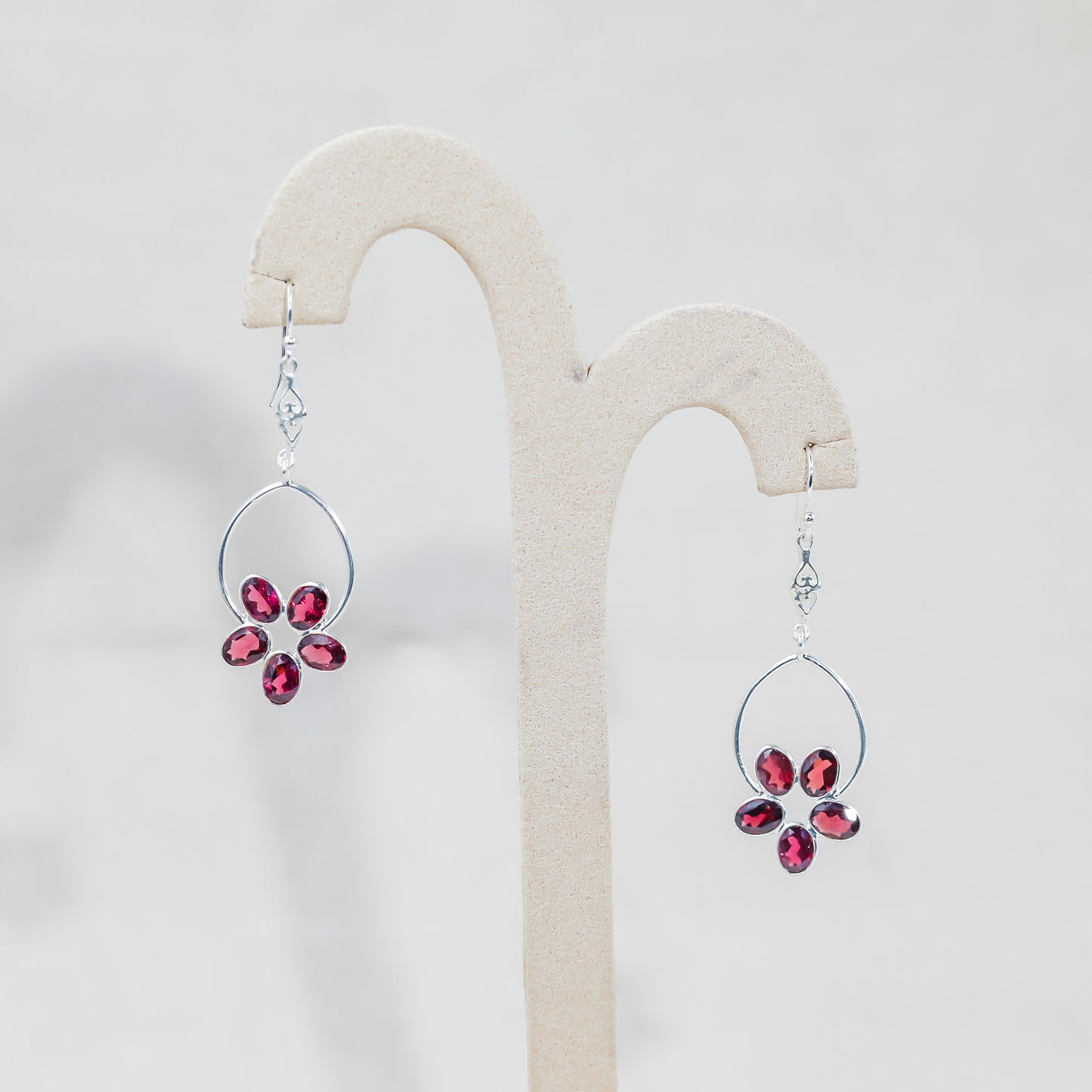 Floral Elegance: Red Garnet Silver Earrings