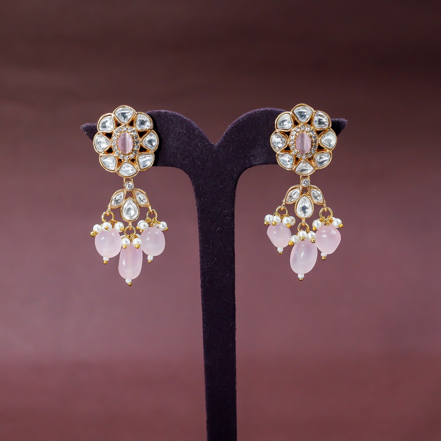 Blush Pink and Kundan Floral Drop Earrings