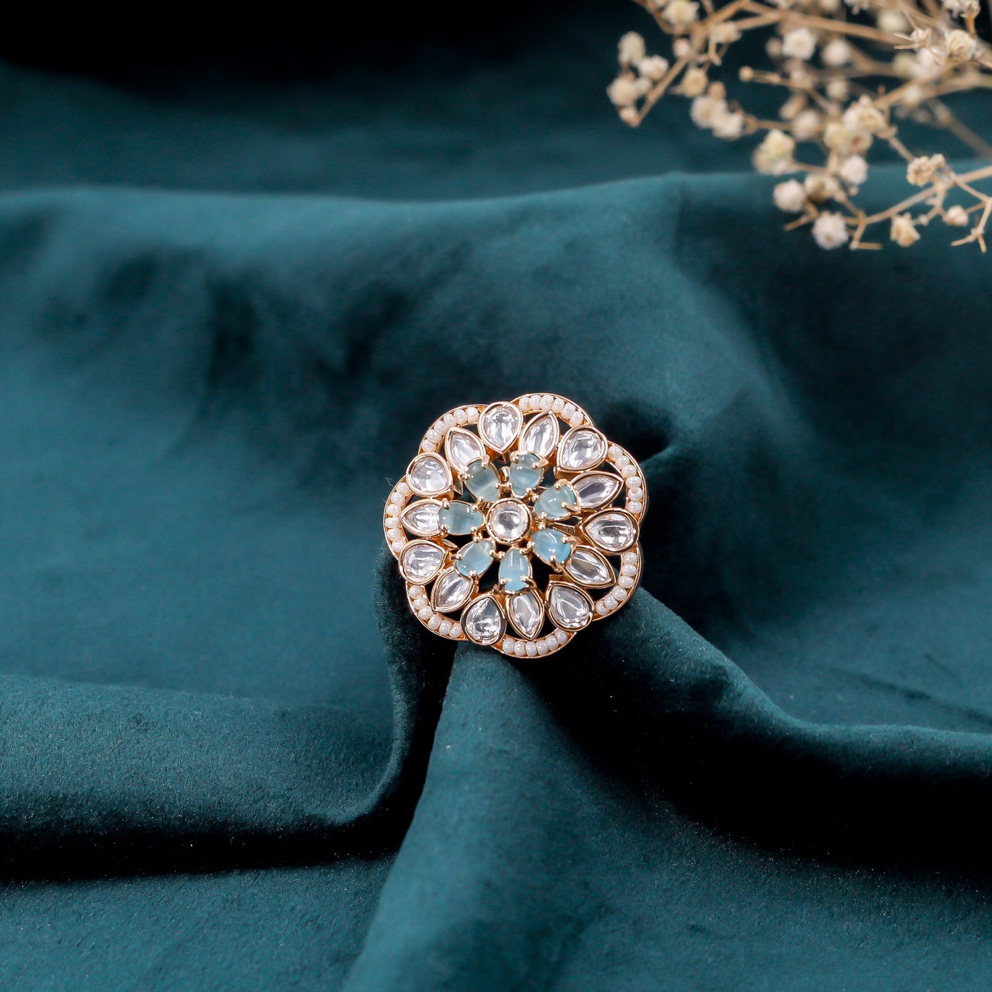 Graceful Floral Aqua and Kundan Ring