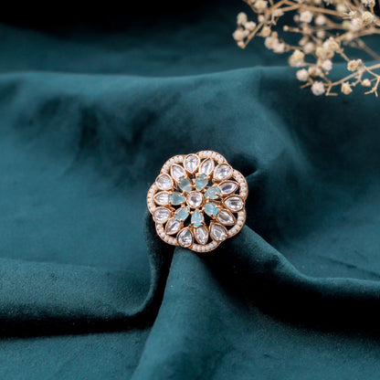 Graceful Floral Aqua and Kundan Ring