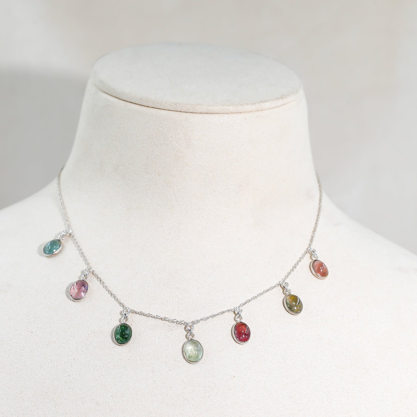 Silver Multi-Tourmaline Charm Necklace