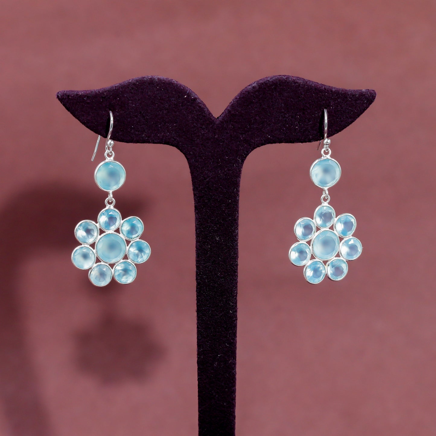 Radiant Silver Aqua Calci Flower Earrings