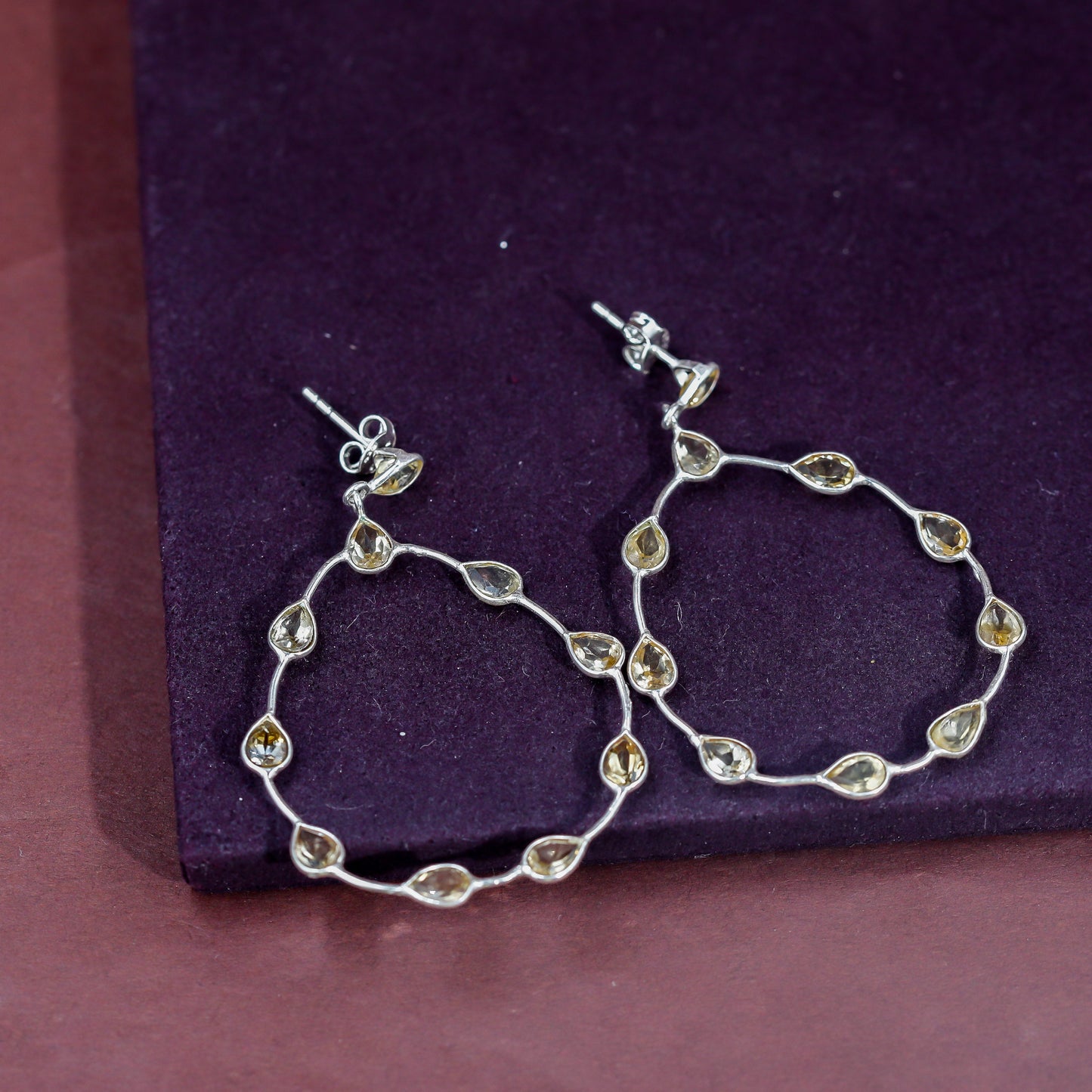 Silver Citrine Teardrop Hoop Earrings