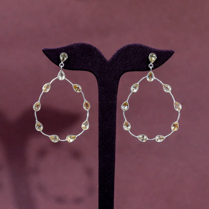 Silver Citrine Teardrop Hoop Earrings