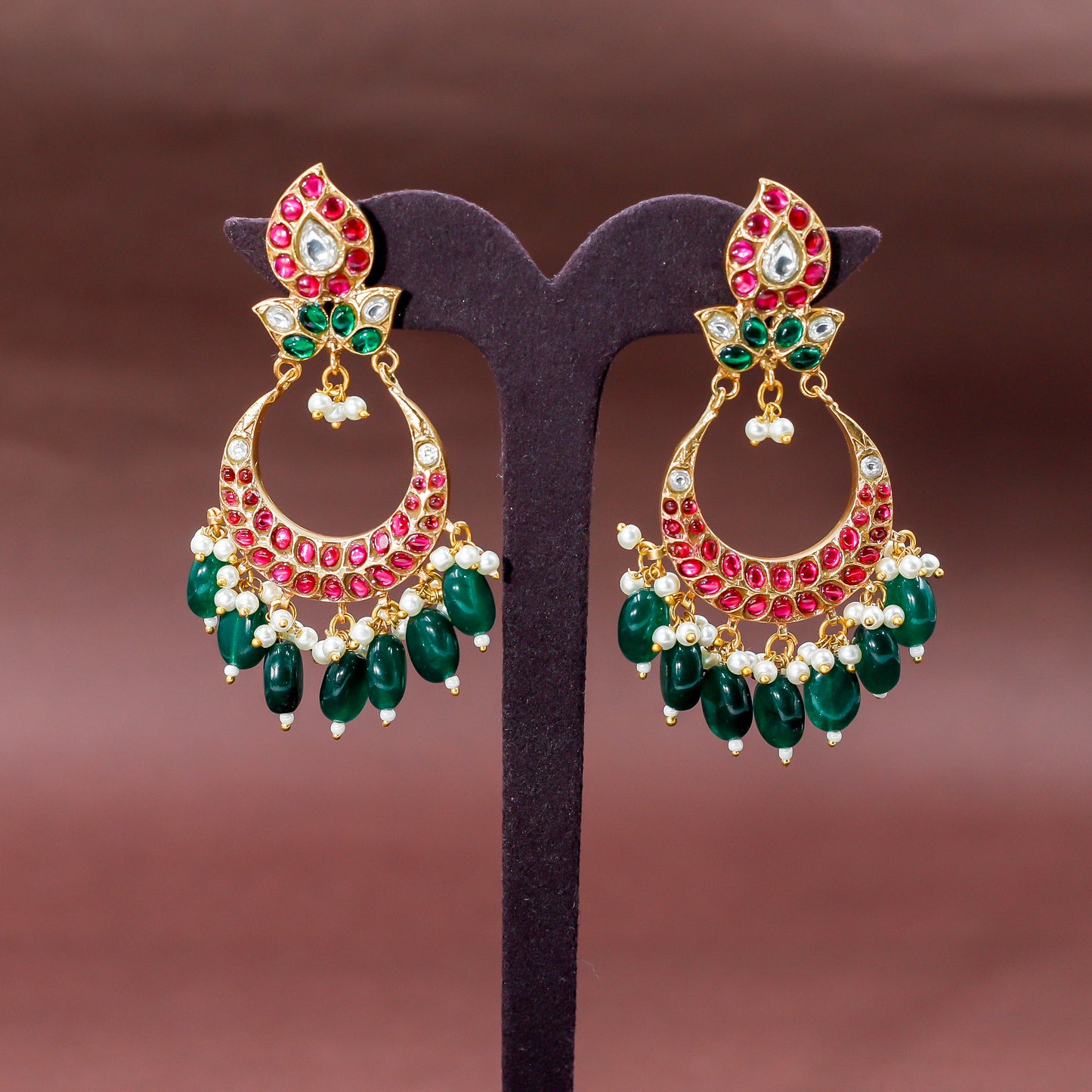 Vibrant Ruby and Emerald Kundan Chaand Balis