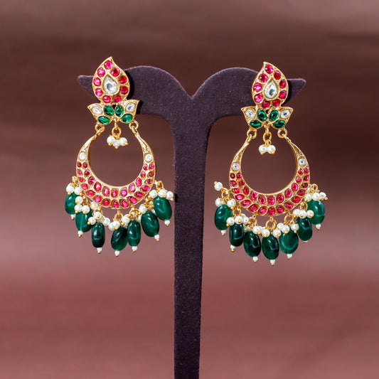 Vibrant Ruby and Emerald Kundan Chaand Balis