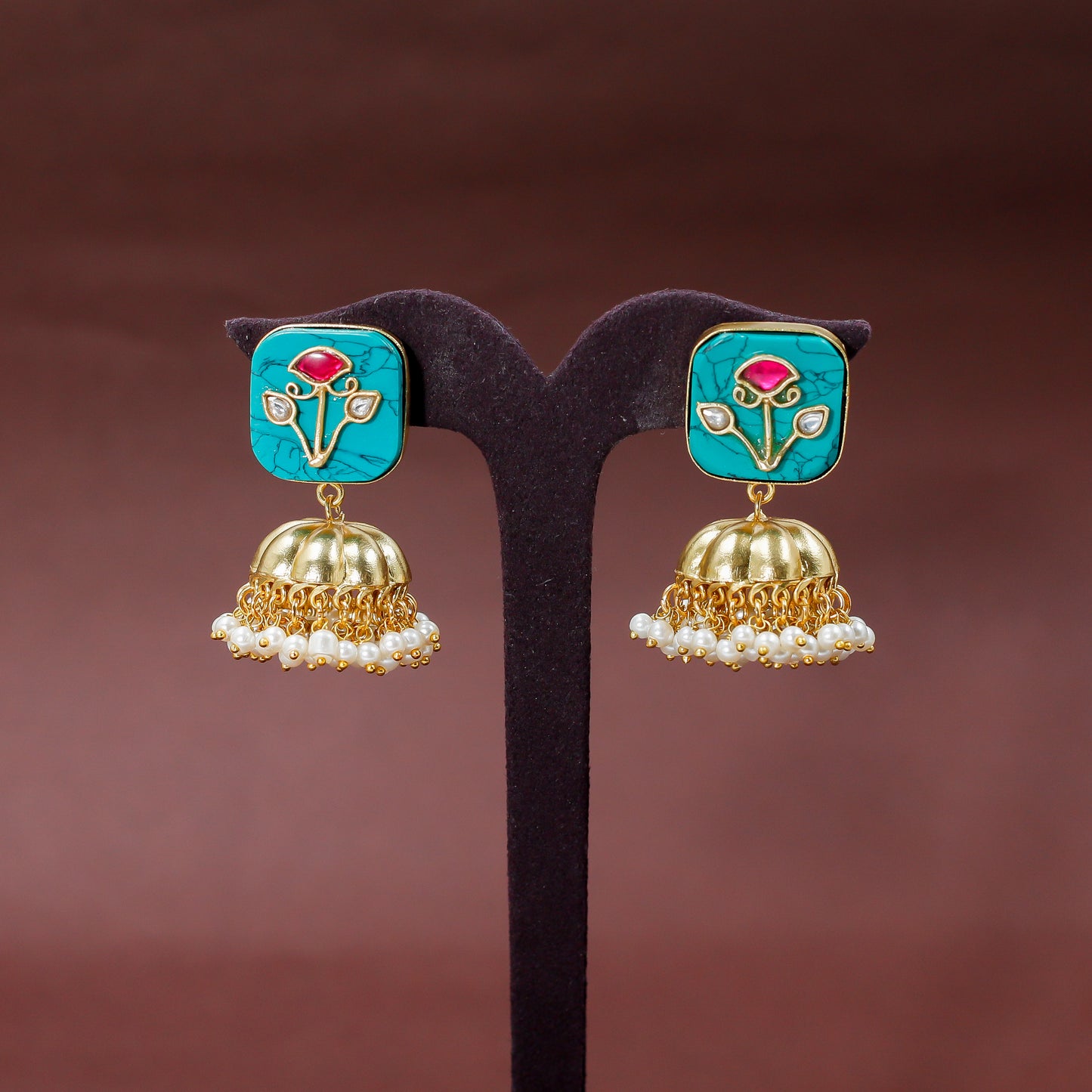 Elegant Turquoise and Kundan Floral Jhumki's