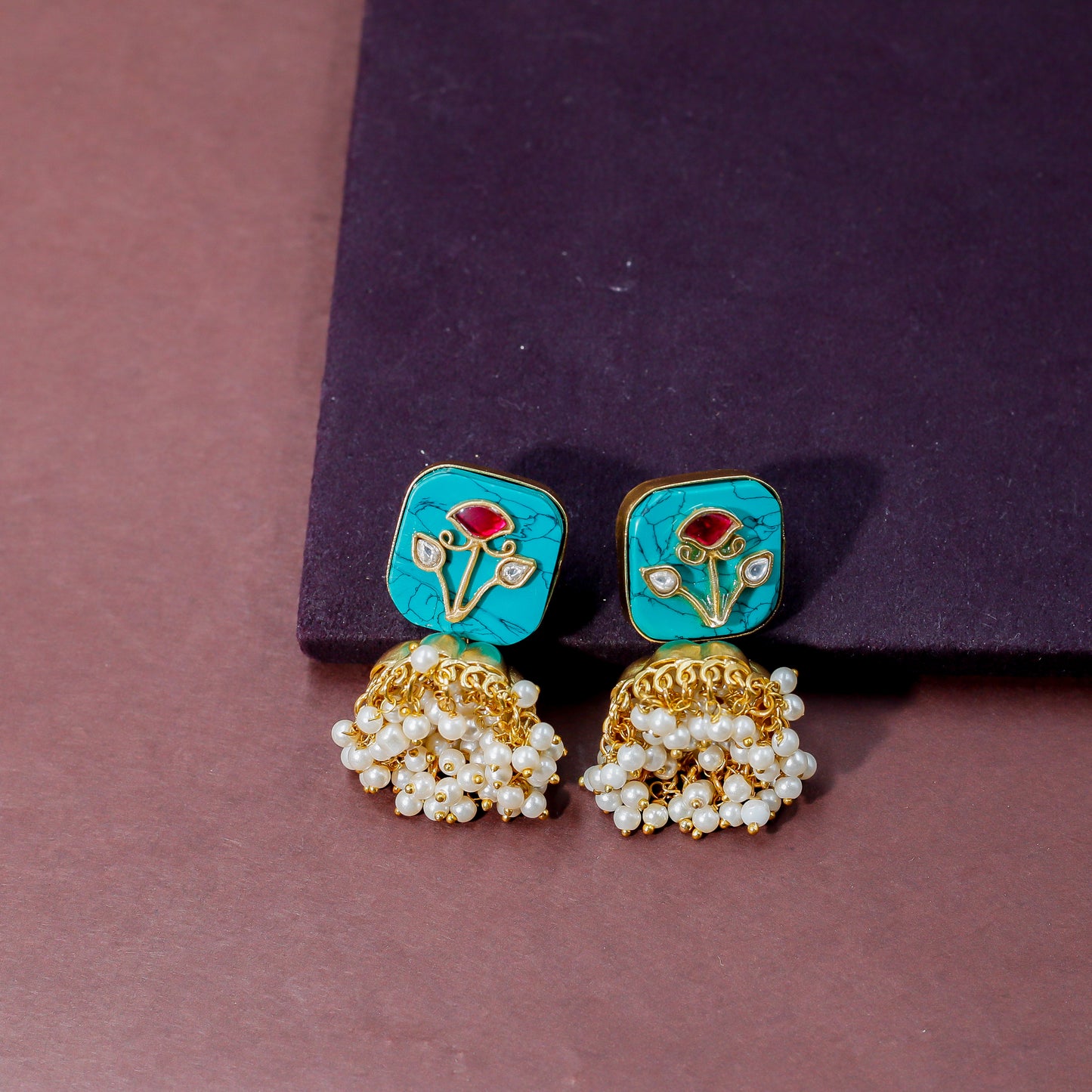 Elegant Turquoise and Kundan Floral Jhumki's