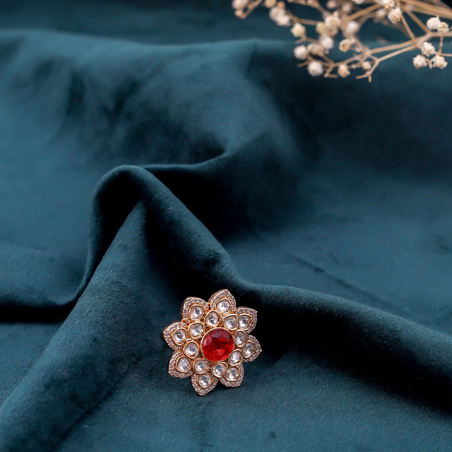 Exquisite Floral Ruby and Kundan Ring