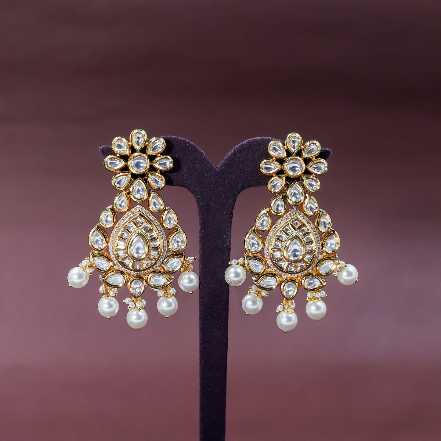 Classic Floral Kundan Pearl Drop Earrings