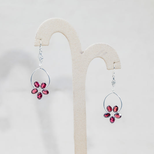 Floral Elegance: Red Garnet Silver Earrings